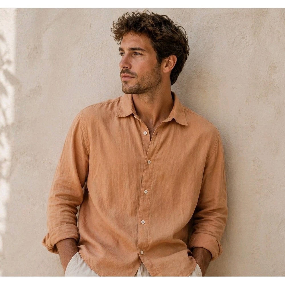 Banana Republic Linen Shirt Men XXL Summer Orange Clay / Terracotta Button Long